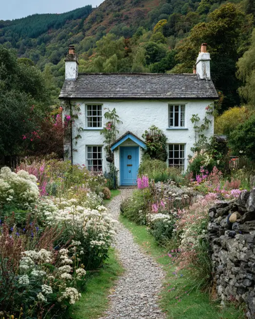 A remote white english cottage with a rustic pebble path leading through an overflowing garden of wildflowers, set against a backdrop of rolling hills.