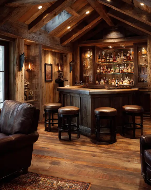 An intimate bar log cabin with a vaulted, rough-hewn wood ceiling featuring a skylight.