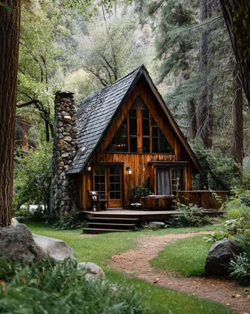 A classic wooden A-frame cabin with a large river rock chimney, nestled in a dense forest.