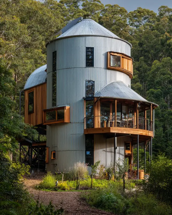 A complex grain silo house with attached wooden pods and balconies, creating a treehouse-like feel in a dense forest.