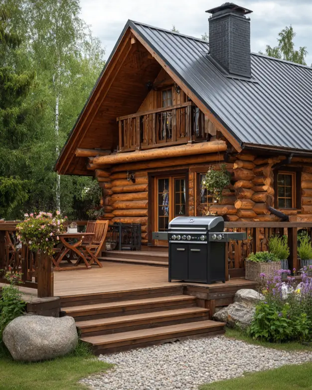 A log cabin home with a dark metal roof and a large wooden deck set up for outdoor dining.