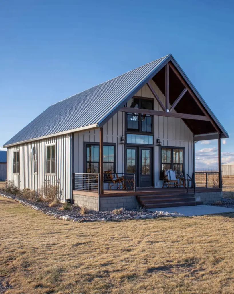 A modern barndominium with a vaulted wooden porch, light gray siding, and a metal roof under a clear blue sky.