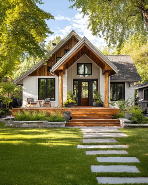 36 Modern Cottage Exterior Ideas to Achieve Timeless Curb Appeal 26 A modern cottage house exterior with a rustic, heavy timber-framed entrance, a wide wood deck, and a stepping stone path across the lawn.