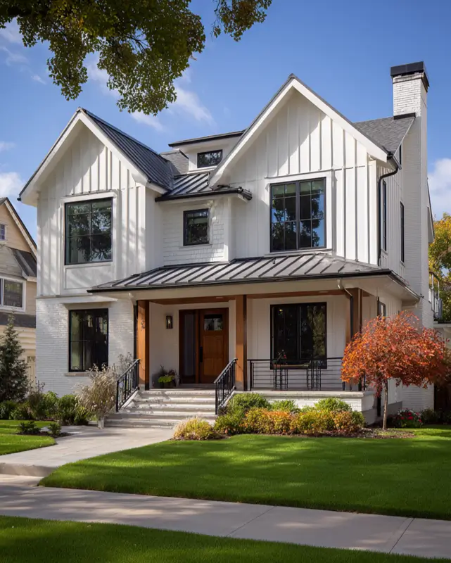 A modern farmhouse suburban exterior that mixes textures, with a whitewashed brick first floor grounding the clean, vertical board-and-batten siding above.