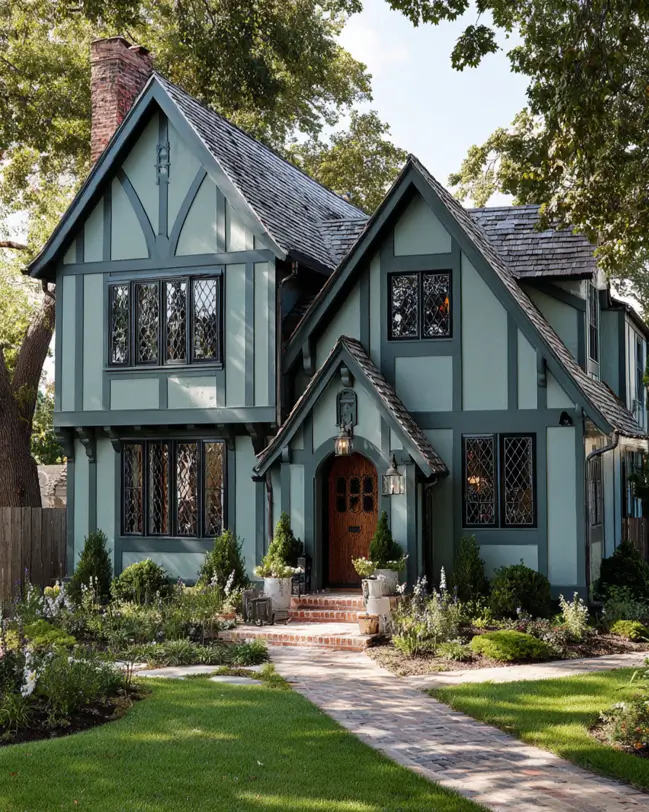 A dark green Tudor-style house with intricate leaded glass windows and a natural wood door, surrounded by trees.