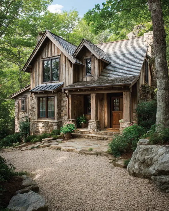 A rustic cottage with weathered wood siding and a stone foundation, surrounded by dense green trees.