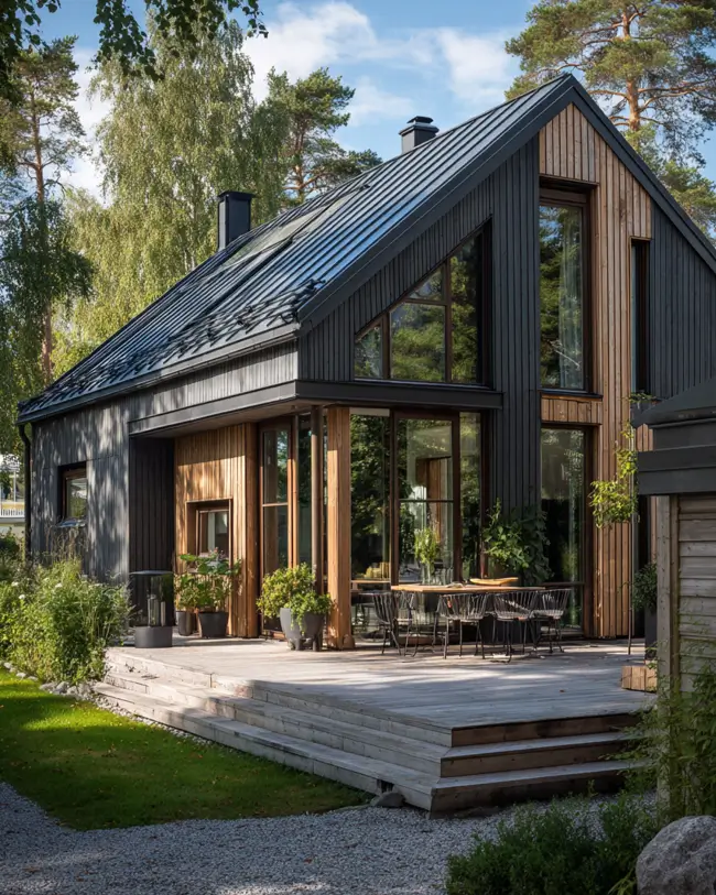 A Scandinavian style home exterior featuring dark siding, a metal roof, and a glass-wrapped corner with wood accents opening onto a deck.