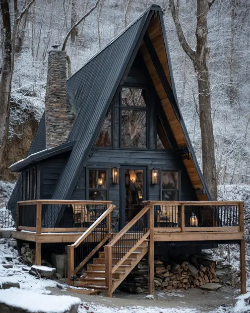 Tiny A-Frame Cabins: 31 Inspiring Ideas for Your Dream Retreat 26 A modern small a-frame house built on a hillside location with an elevated deck and stairs.
