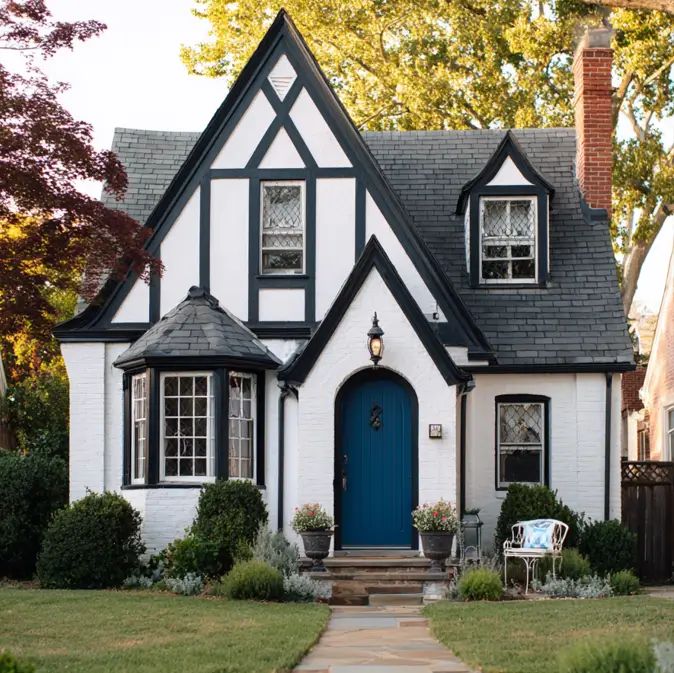 A stylish small modern Tudor home with a crisp white painted brick exterior, bold black trim, and a vibrant cobalt blue front door.