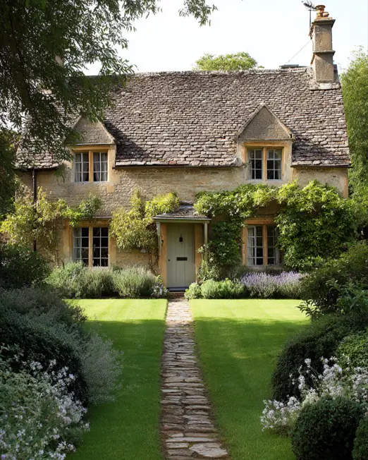 A timeless stone english cottage with a rustic flagstone path laid directly through a manicured green lawn, connecting the home and garden.