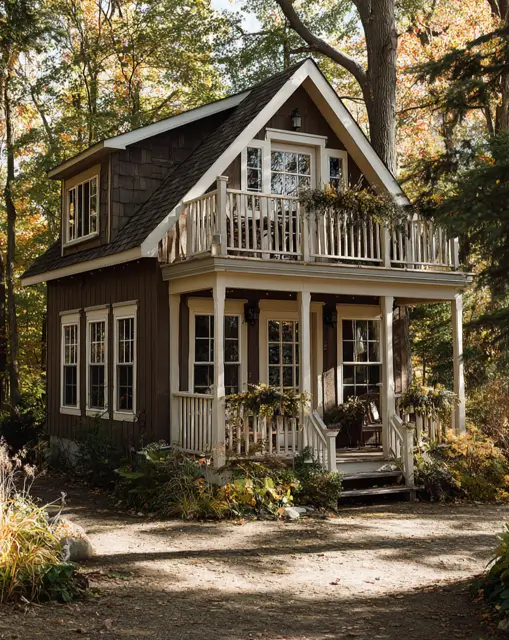 55 Tiny Cabin Ideas: The Ultimate Guide to Exterior & Interior Design 25 An elegant two-story brown small cabin design with cream-colored trim and a generous second-floor balcony adorned with planters in an autumn forest.