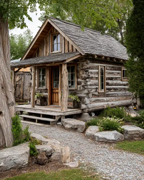 A weathered tiny log cabin with prominent light-colored chinking and a wood shake roof, nestled among mature trees.
