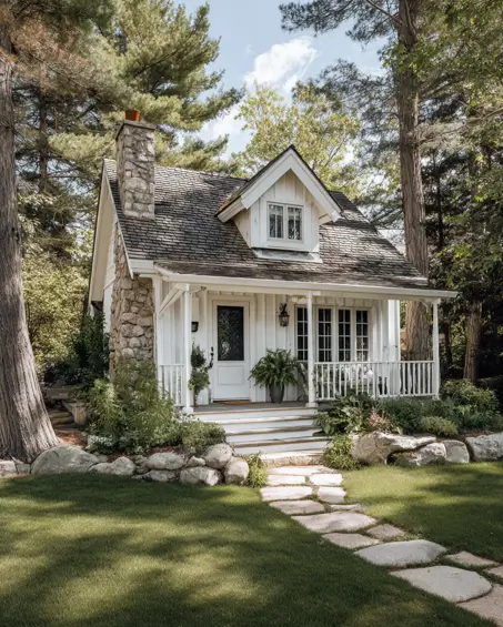 36 Tiny House Design Ideas + An Expert Interior Guide for 2025 26 A white tiny cottage with a prominent stone chimney and a covered porch.