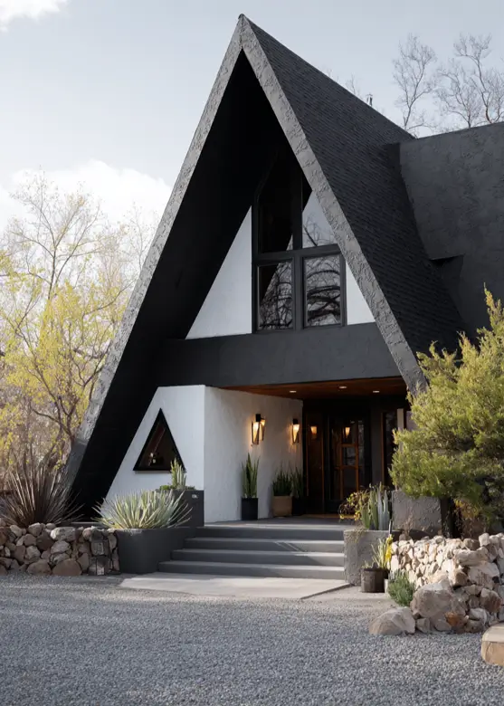 A modern black and white A-frame home with a small triangular window and desert landscaping.