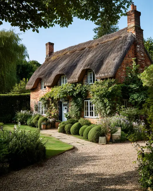 A red brick english cottage house style featuring perfectly spherical sculpted boxwood shrubs that add a touch of formal design to the garden path.