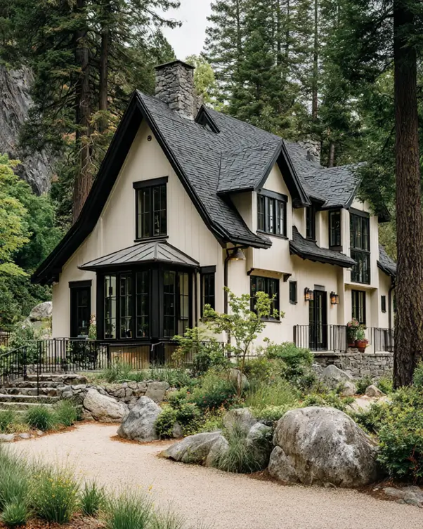 A rustic cream and black house idea for a woodland retreat, featuring cream siding, black trim, and a stone chimney nestled among tall pine trees.
