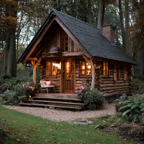 A dark-stained tiny log cabin home with a brick chimney, glowing warmly from within at dusk in an autumn forest.