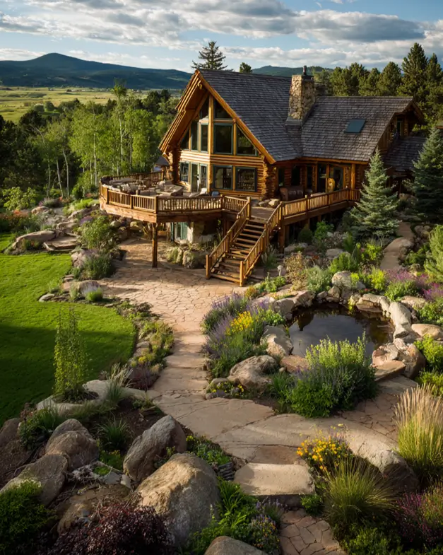 A stunning log cabin house design on a hillside with a large cantilevered deck overlooking a garden.
