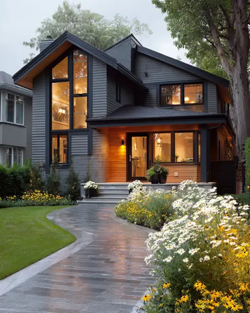 36 Modern Cottage Exterior Ideas to Achieve Timeless Curb Appeal 27 A modern cottage house at dusk with dark gray siding, featuring a warm, glowing natural wood entryway and a large gable window.