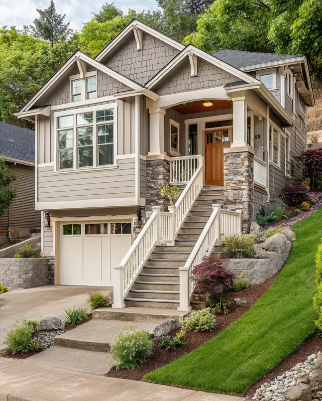 Modern craftsman style house built on a steep hillside, featuring a long staircase leading to an elevated porch with stone accents and retaining walls.