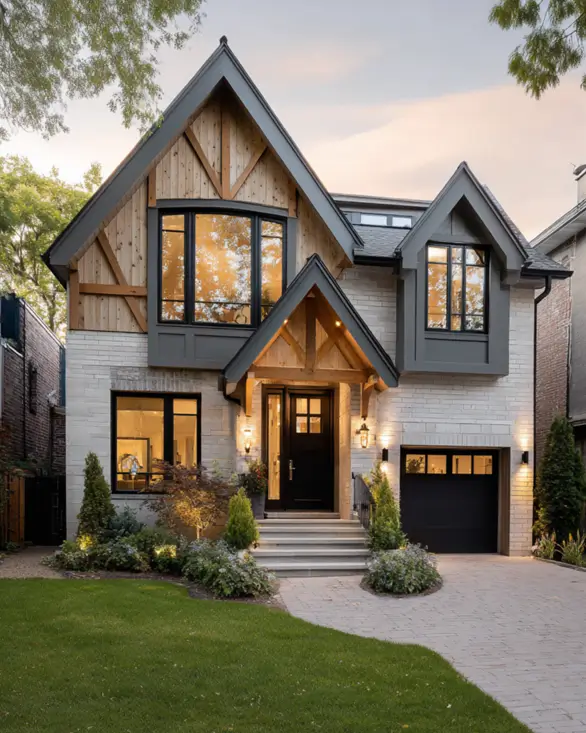 A modern Tudor-style house with a rustic lodge feel, featuring a mix of light stone, vertical wood siding, and unifying black window frames.