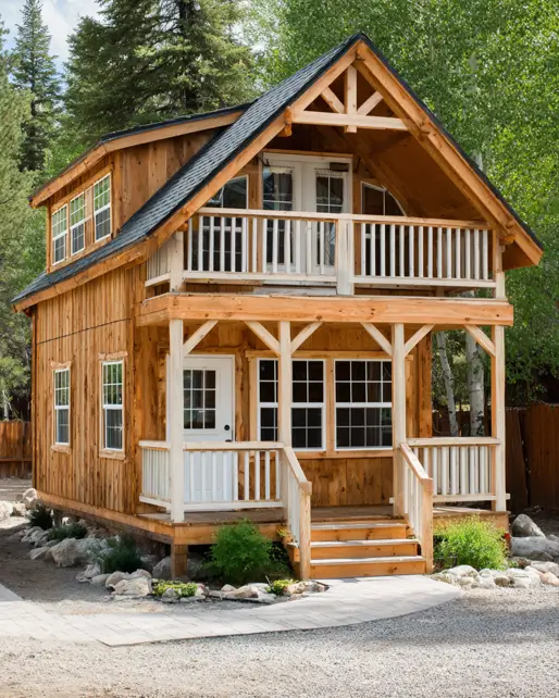 55 Tiny Cabin Ideas: The Ultimate Guide to Exterior & Interior Design 26 A bright two-story natural wood tiny cabin idea featuring clean white railings on both the porch and upper balcony, set among aspen trees.