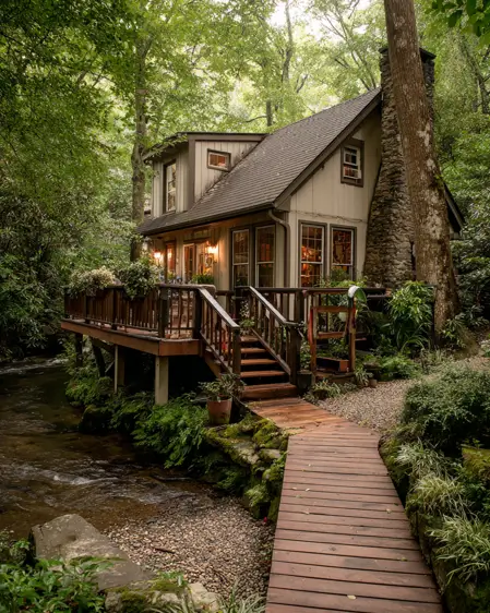 36 Tiny House Design Ideas + An Expert Interior Guide for 2025 27 A rustic tiny house with a stone chimney built over a stream in the woods.