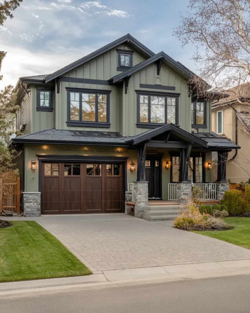 A sage green house exterior with a rich mix of textures, including stone column bases and dark wood-look garage doors.