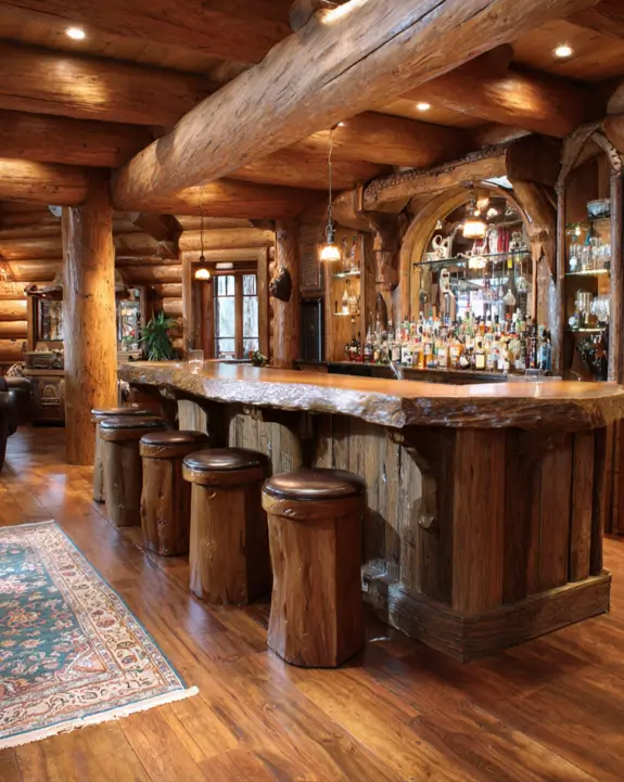 A spacious bar log cabin with a long curved counter, large log beams, and unique solid-log bar stools.