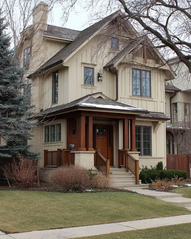 A suburban house exterior with a warm and earthy color palette, featuring beige vertical siding and a substantial, rustic front porch with chunky wooden columns.