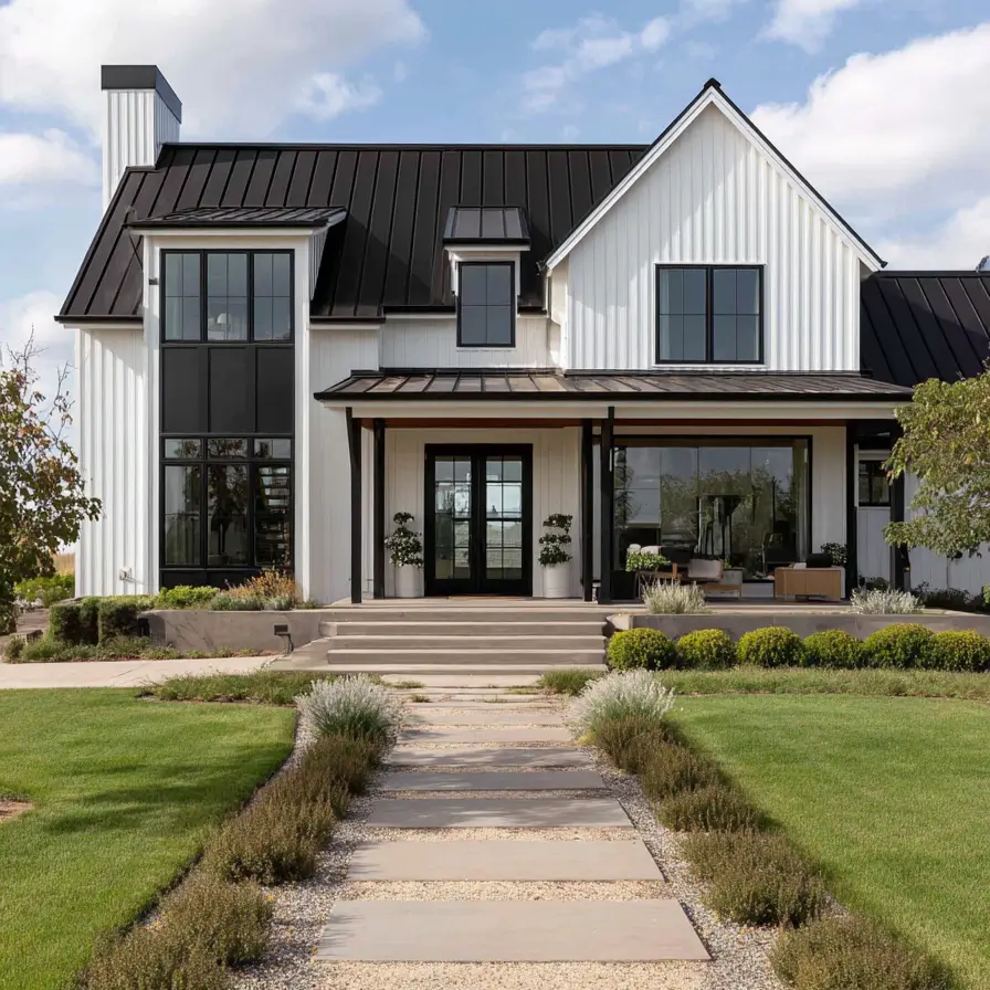 A white and black modern farmhouse featuring large, prominent black-framed windows for an open feel.