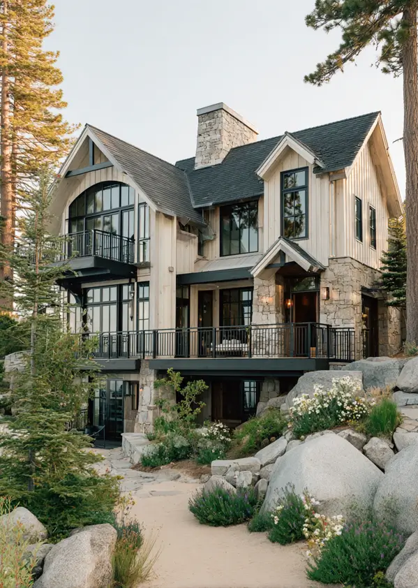 A modern mountain black and cream house exterior built with light wood, stone, and black metal railings, set on a rocky hillside.