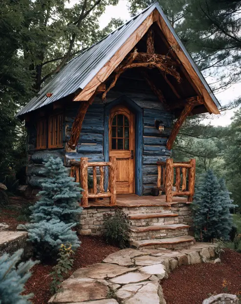 A whimsical tiny log cabin with blue-stained logs, intricate woodwork in the gable, and a natural wood door, flanked by blue spruce trees.