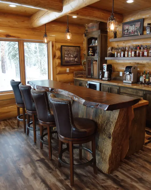A comfortable bar log cabin with high-back upholstered chairs and a thick live-edge bar.