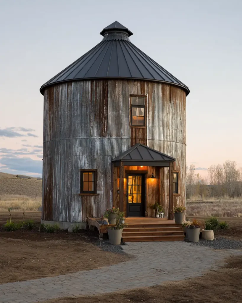 A rustic, weathered grain silo cabin with a warmly lit wooden entryway and dark conical roof at dusk.