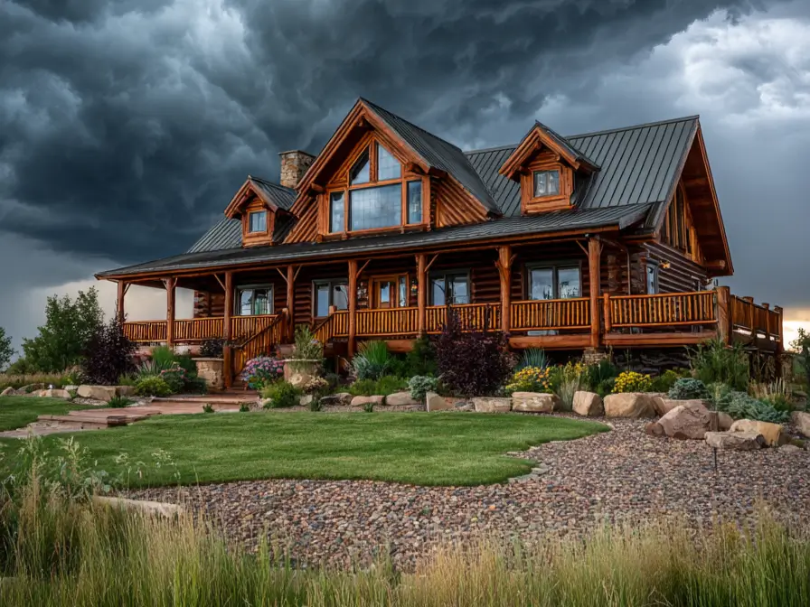 A large log cabin home design with a wraparound porch, standing under a dramatic stormy sky.