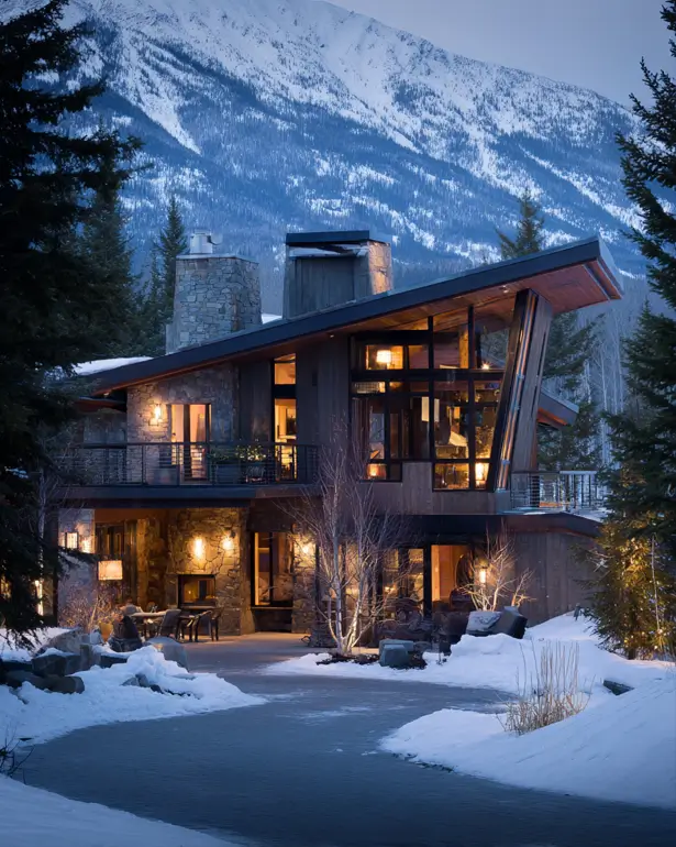 A luxury modern mountain house with asymmetrical roofs, glowing windows at dusk, surrounded by snow and evergreen trees with a mountain peak behind it.