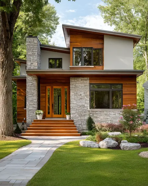 36 Modern Cottage Exterior Ideas to Achieve Timeless Curb Appeal 28 A modern cottage style exterior with a dynamic angled roof, featuring a rich mix of stacked stone, warm wood siding, and smooth stucco panels.