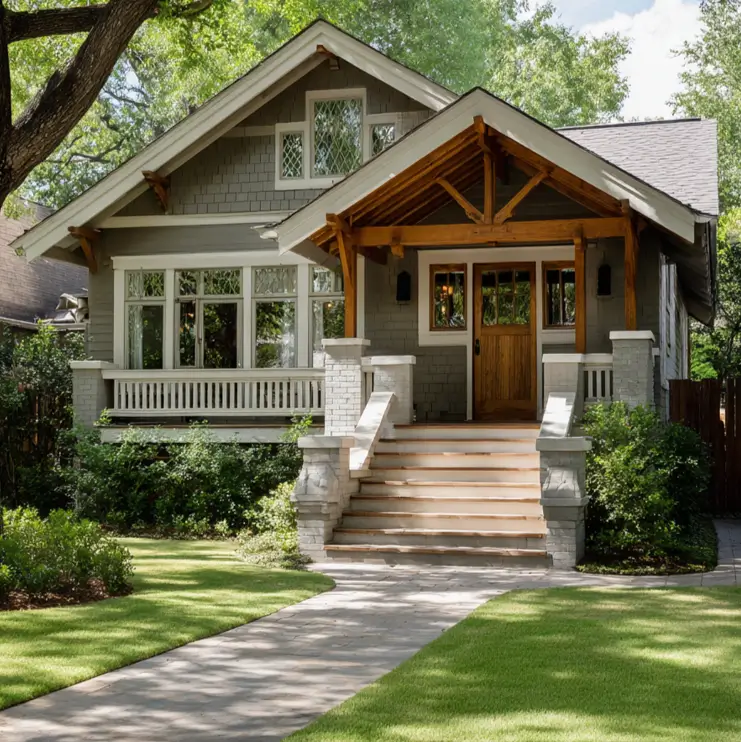 Modern craftsman style house with a prominent exposed wood-beam portico, gray-green siding, and stone stair piers leading to the front door.
