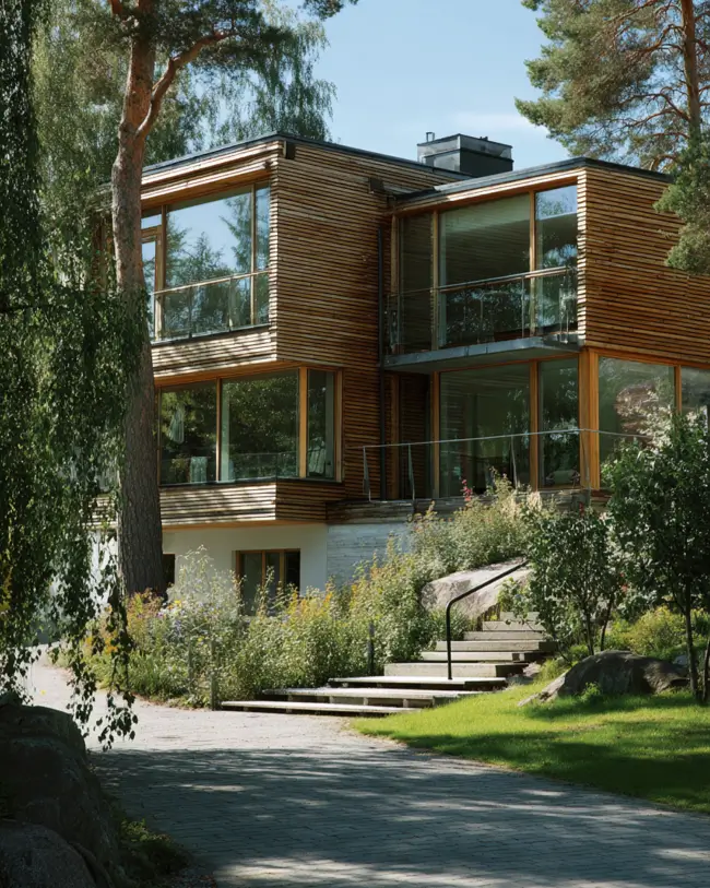 A multi-level Scandinavian style home exterior featuring horizontal wood cladding and large glass windows, surrounded by tall pine trees.