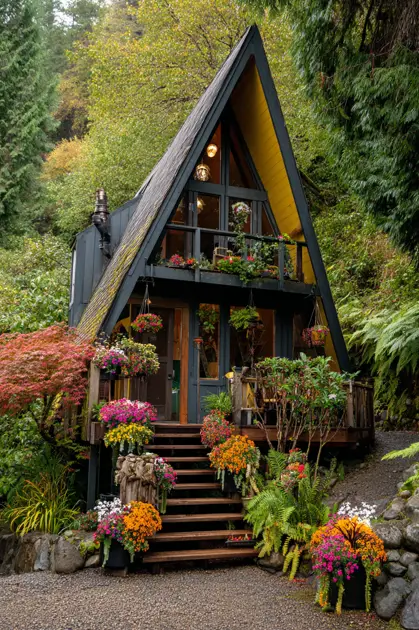 Tiny A-Frame Cabins: 31 Inspiring Ideas for Your Dream Retreat 28 A tiny a frame cabin with a cascading floral entrance featuring numerous colorful potted plants.