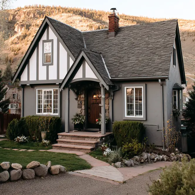 An understated small Tudor-style house with a sophisticated grey stucco exterior, off-white trim, and a warm natural wood front door against a mountain backdrop.