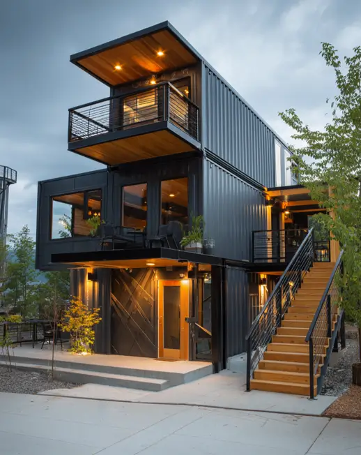 A multi-level dark gray shipping container home at dusk, featuring a staggered and stacked design that creates several balconies and overhangs lined with warm wood.