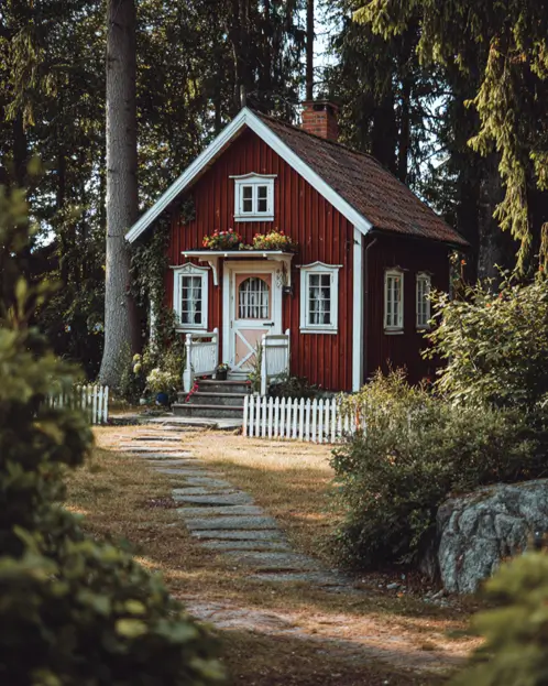 A traditional red Scandinavian cottage with white trim and a picket fence, nestled in a pine forest.