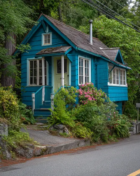 36 Tiny House Design Ideas + An Expert Interior Guide for 2025 28 A vibrant teal tiny house with shingle siding nestled on a wooded hillside.