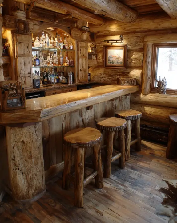 A rustic bar log cabin with solid, hand-hewn wooden stools and a back bar with cabinet doors.