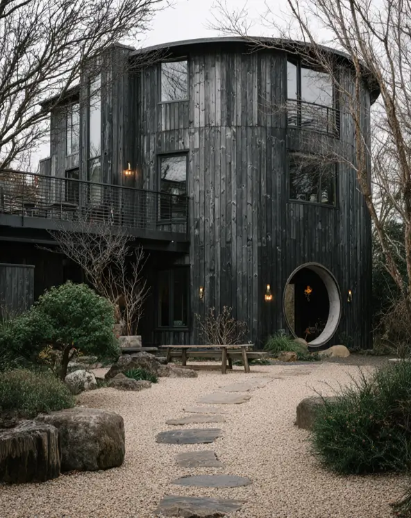 A stunning dark wood-clad grain silo house with large custom curved windows and a circular entryway, set in a tranquil garden.