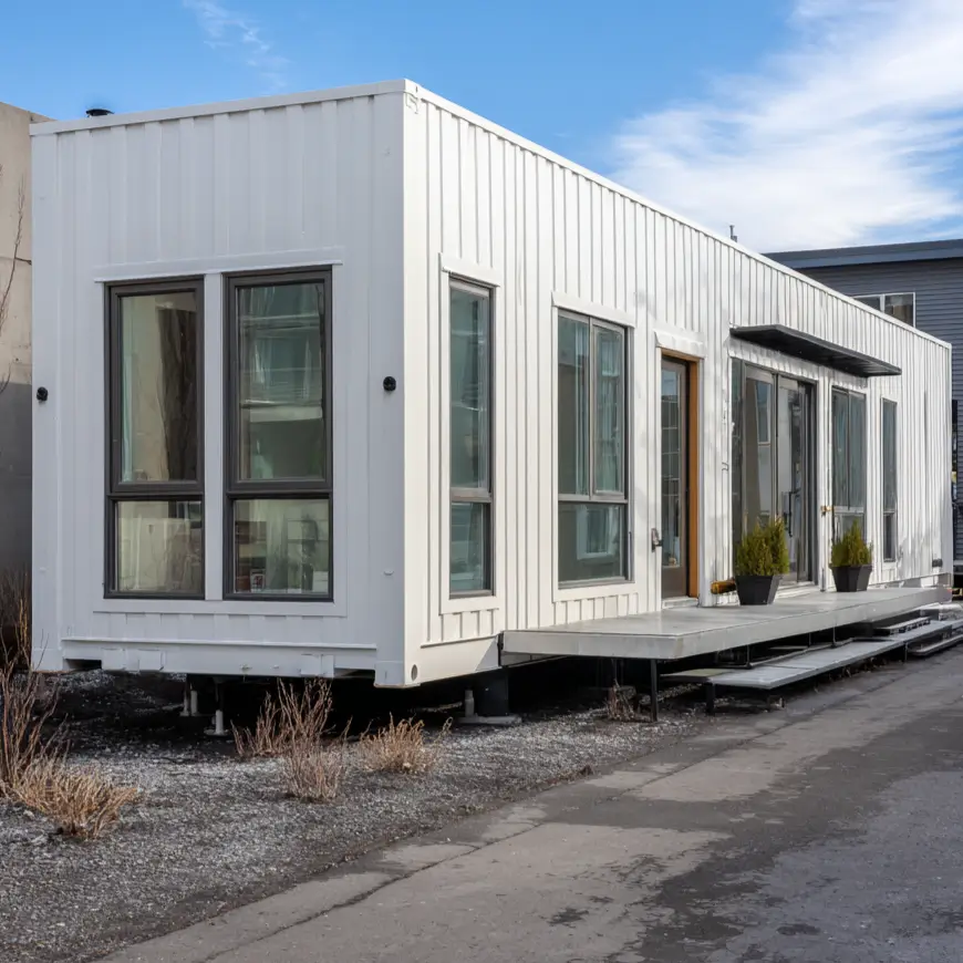 A long, white, single-story shipping container home with dark-framed windows, elevated on a simple foundation above a gravel and asphalt lot.