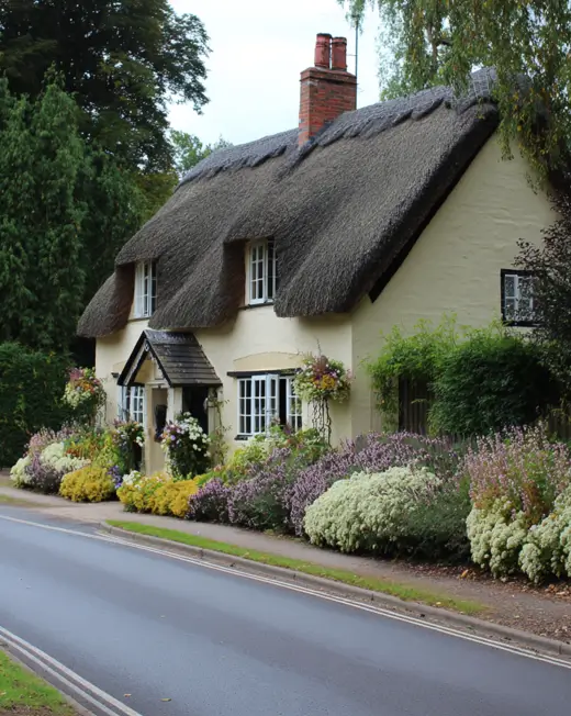An english cottage style home with a vibrant roadside garden bed overflowing with purple, yellow, and white flowers, adding charm to the street.