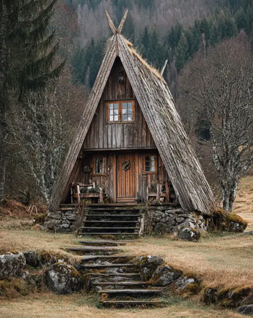 A rustic, historic Viking-style A-frame cabin with a sod roof, set against a mountainous forest backdrop.